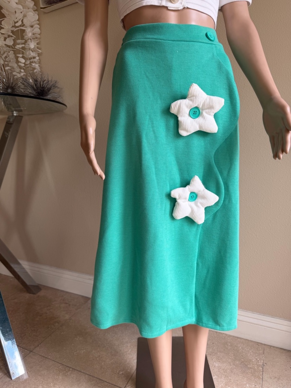 Green A-Line Midi Skirt with White Star Appliqués